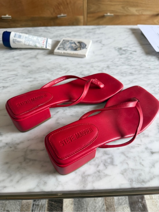 Steve Madden Shoes - Steve Madden Red Minimalist Square-Toe Low Block Heel Sandals